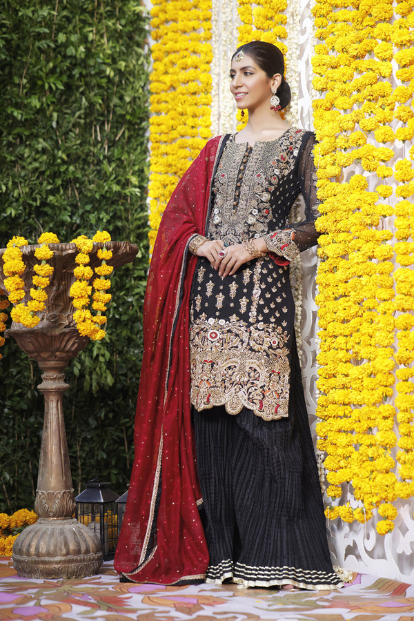 Wahajmbegum | Mehrunnisa Wedding Formals | BLACK & MAROON COUTURE OUTFIT