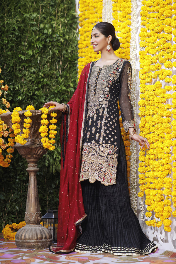 Wahajmbegum | Mehrunnisa Wedding Formals | BLACK & MAROON COUTURE OUTFIT