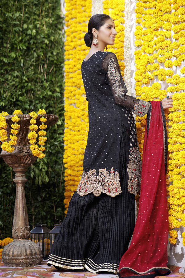 Wahajmbegum | Mehrunnisa Wedding Formals | BLACK & MAROON COUTURE OUTFIT
