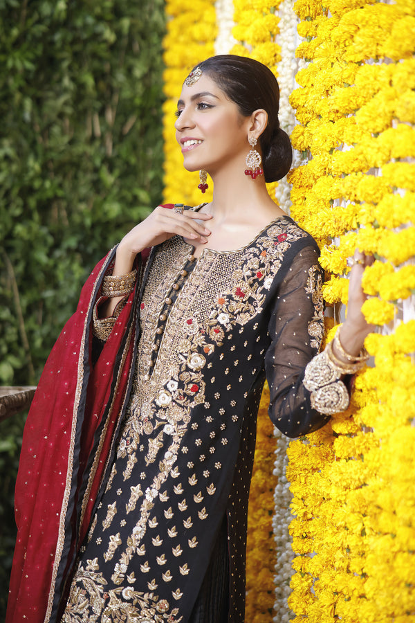 Wahajmbegum | Mehrunnisa Wedding Formals | BLACK & MAROON COUTURE OUTFIT