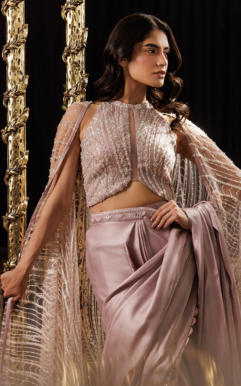 Threads and Motifs | Formal Dresses 25 | Net Embroidered Cape With Blouse And Skirt Saree