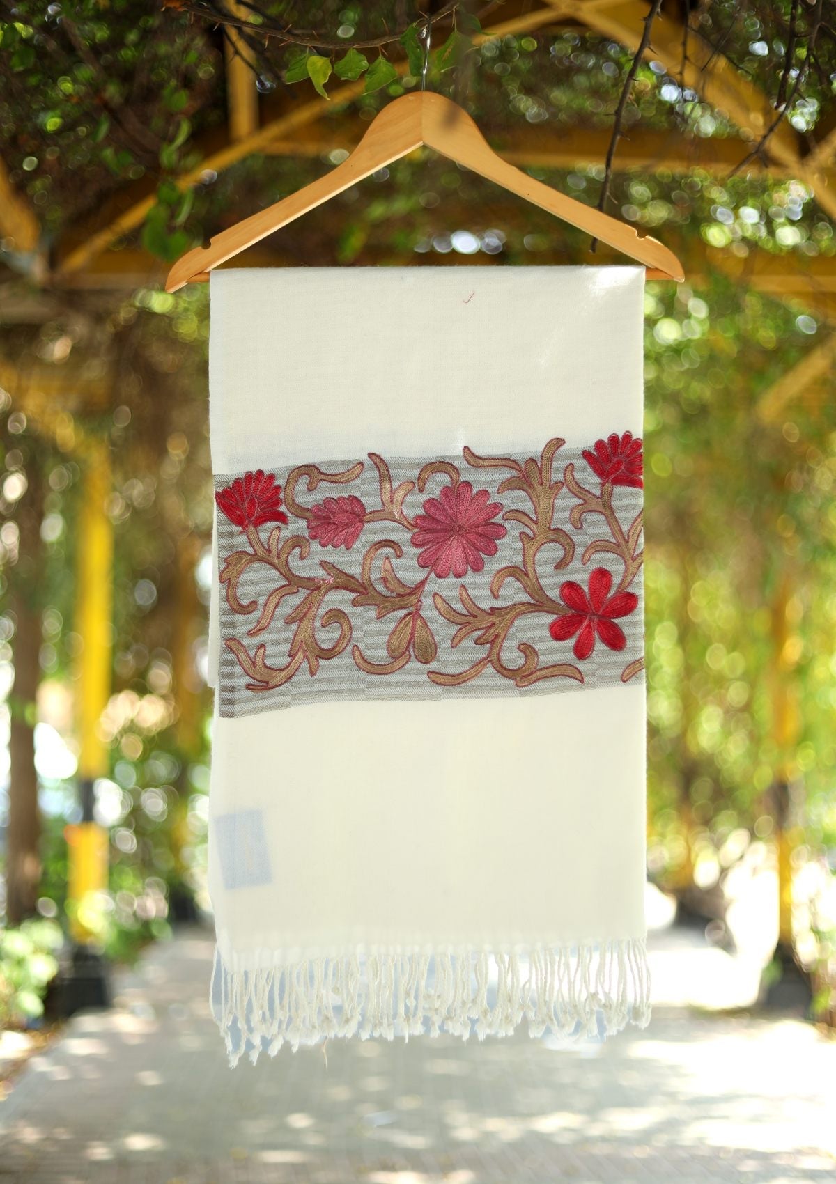 Ari Work Pashmina Scarf D - 14 - Off White - Official Shawls Niche - Agha Fabrics UK