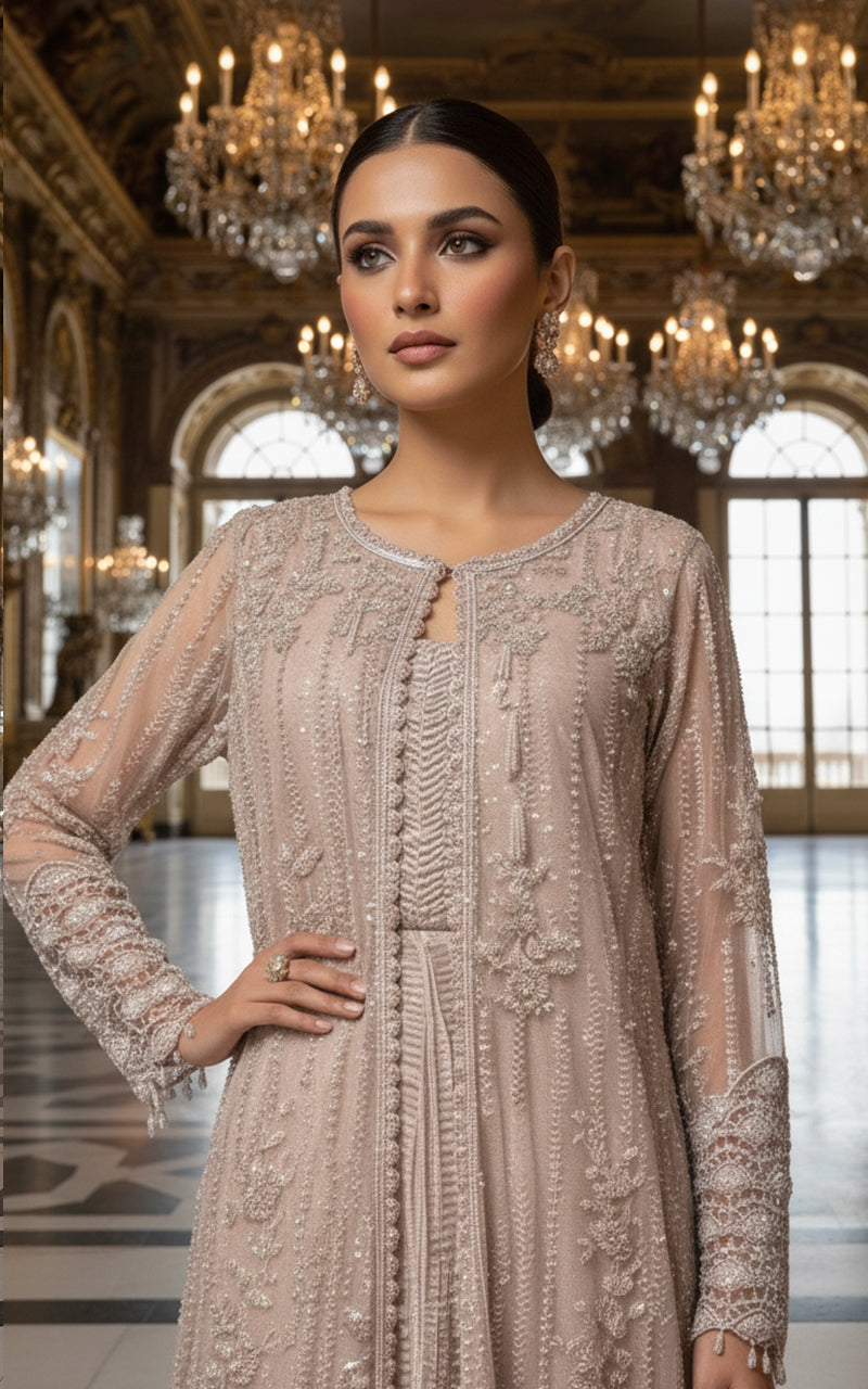 Threads and Motifs | Formal Dresses 25 | Net Embroidered Jacket With Crushed Maxi