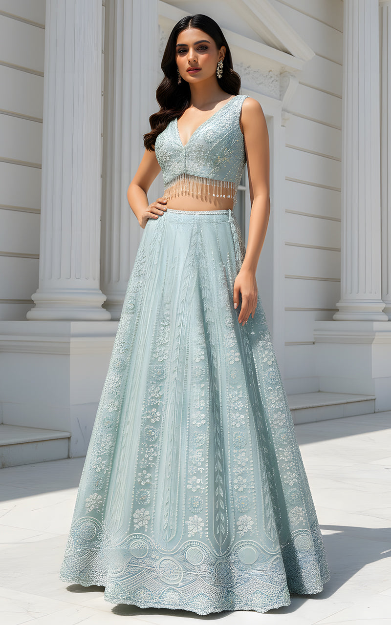 Threads and Motifs | Formal Dresses 25 | Net Embroidered Blouse With Cape And Lehenga