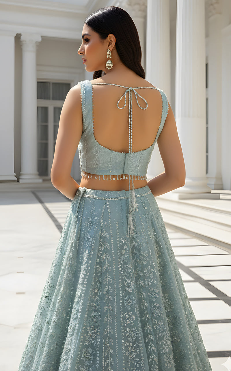 Threads and Motifs | Formal Dresses 25 | Net Embroidered Blouse With Cape And Lehenga