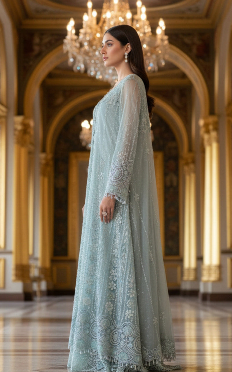 Threads and Motifs | Formal Dresses 25 | Net Embroidered Jacket With Blouse And Lehenga