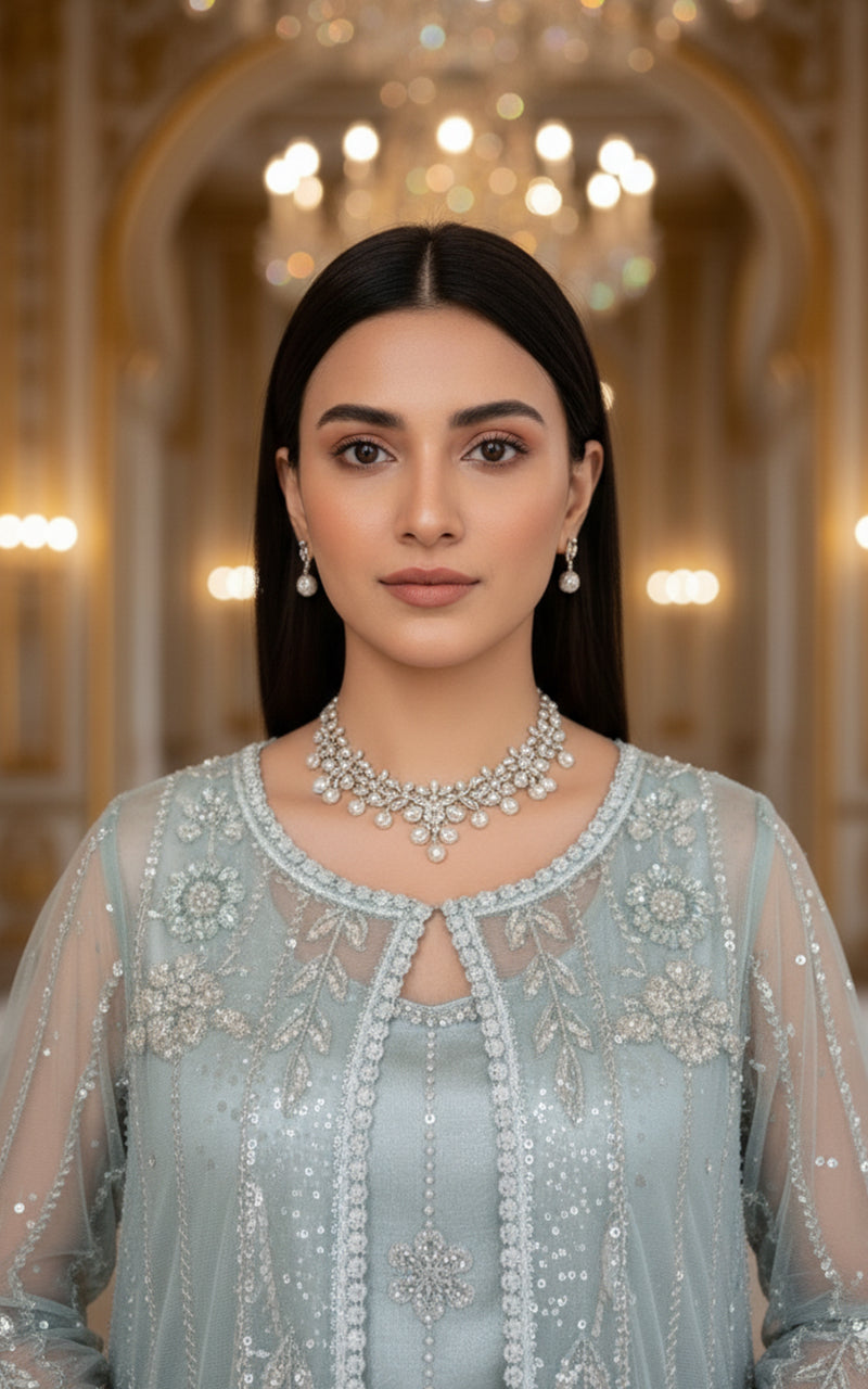 Threads and Motifs | Formal Dresses 25 | Net Embroidered Jacket With Blouse And Lehenga