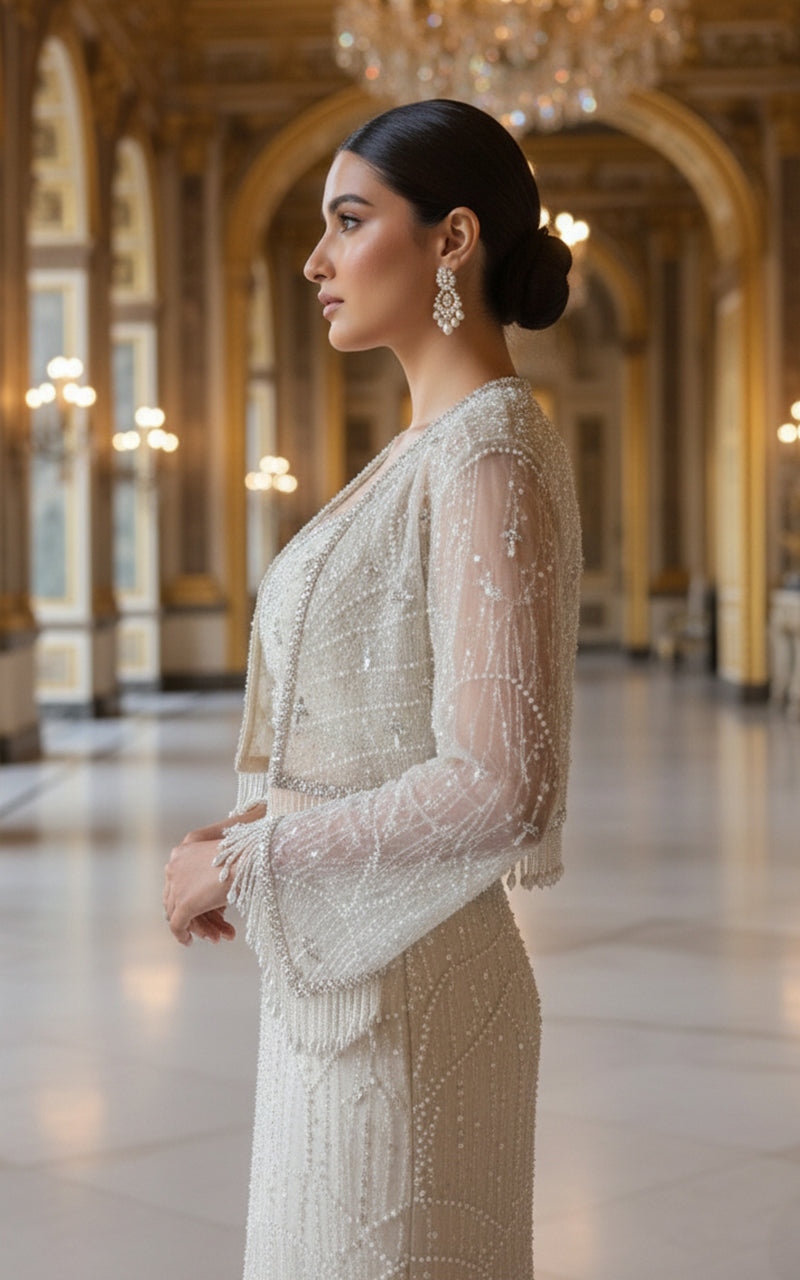 Threads and Motifs | Formal Dresses 25 | Net Embroidered Blouse With Cape And Skirt