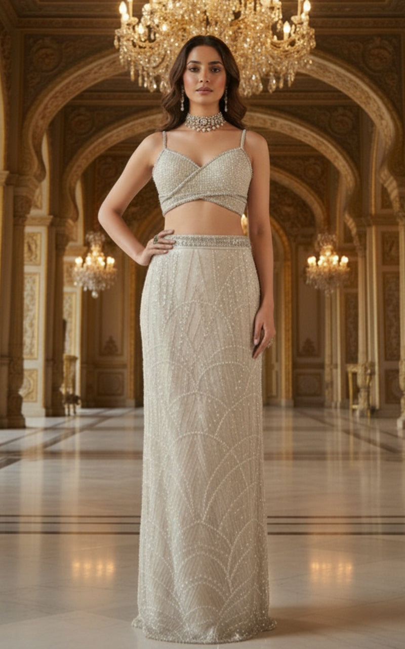 Threads and Motifs | Formal Dresses 25 | Net Embroidered Blouse With Cape And Skirt