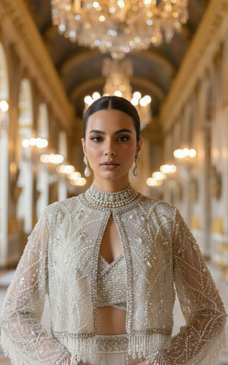 Threads and Motifs | Formal Dresses 25 | Net Embroidered Blouse With Cape And Skirt