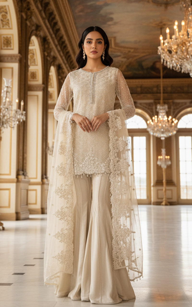 Threads and Motifs | Formal Dresses 25 | Net Embroidered Shirt With Gharara And Dupatta