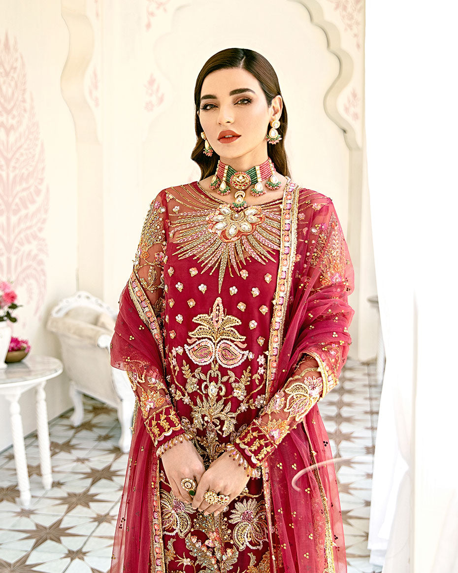 Gulaal | Wedding Formals | Rouge Embroidered Net 3-Piece Suit WS-06 - Official Gulaal - Agha Fabrics UK