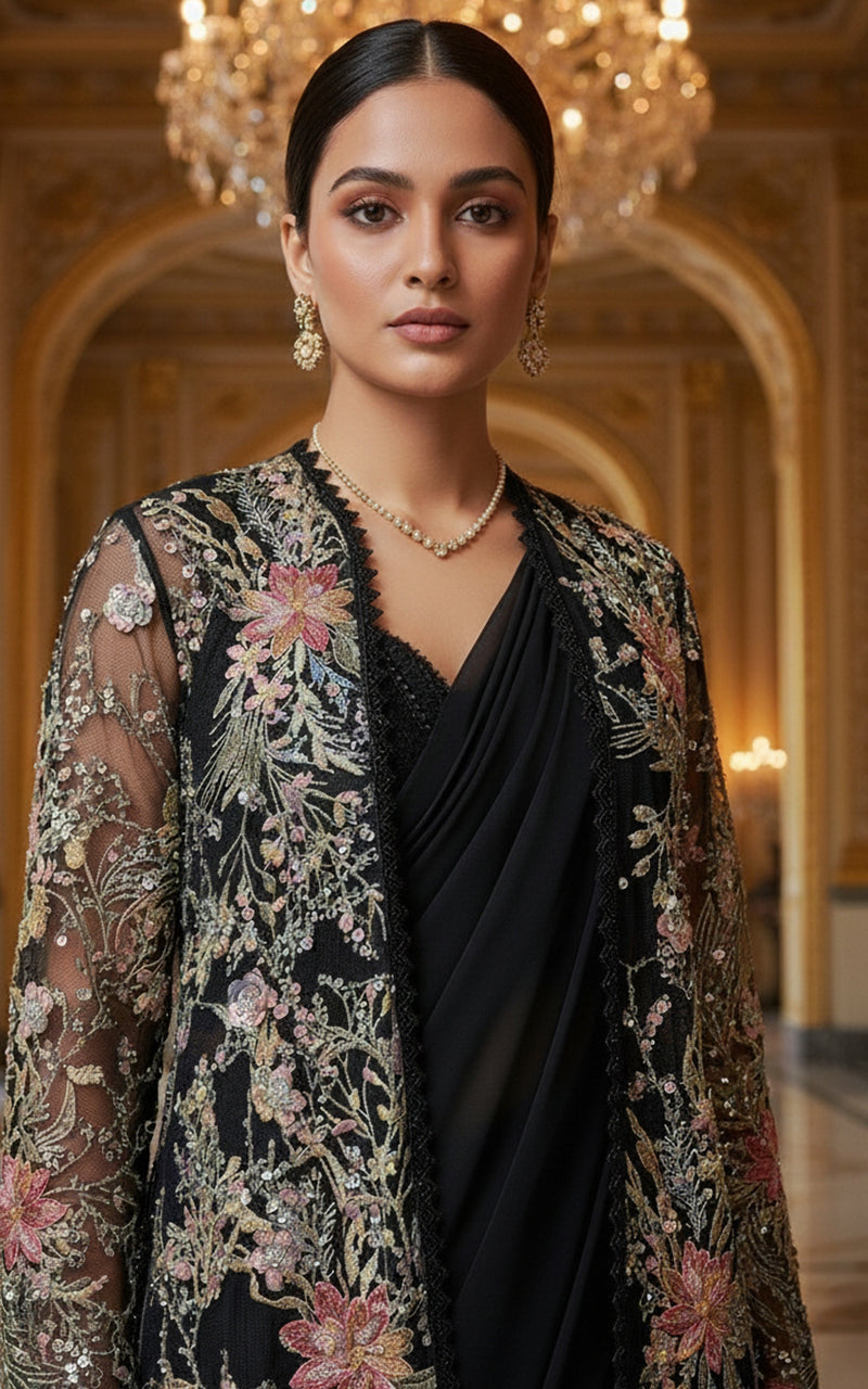 Threads and Motifs | Formal Dresses 25 | Net Embroidered Jacket With Chiffon Saree