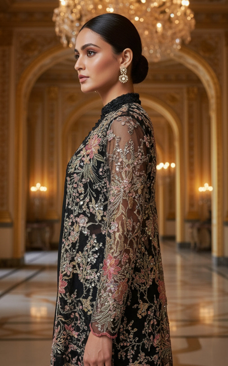 Threads and Motifs | Formal Dresses 25 | Net Embroidered Jacket With Chiffon Saree