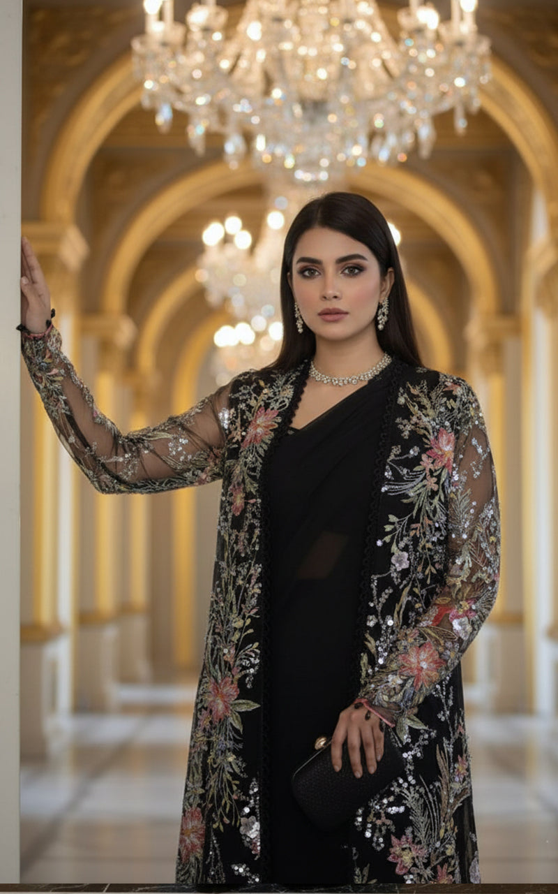 Threads and Motifs | Formal Dresses 25 | Net Embroidered Jacket With Chiffon Saree