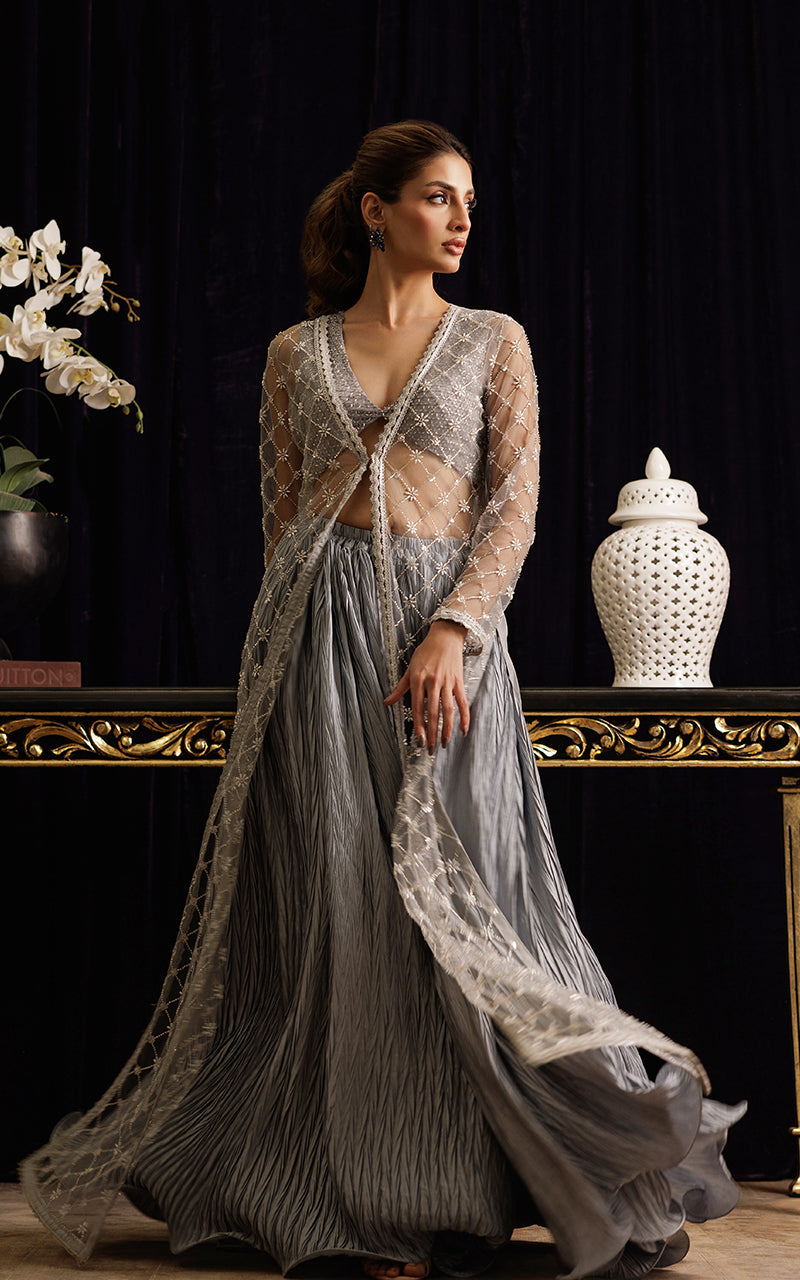 Threads and Motifs | Formal Dresses 25 | Net Embroidered Jacket with Tube and Skirt