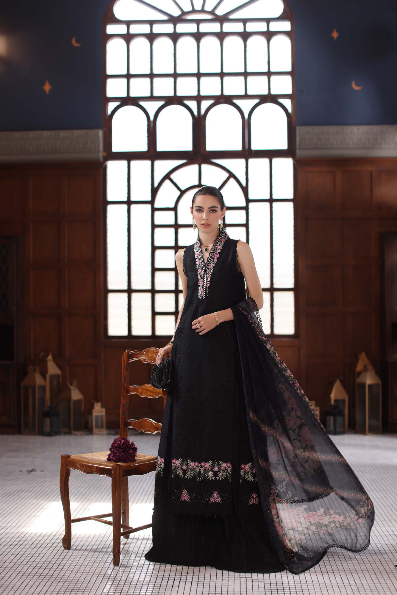 Noor by Saadia Asad | Eid Luxury Schiffli Laserkari 25 | D7- Black