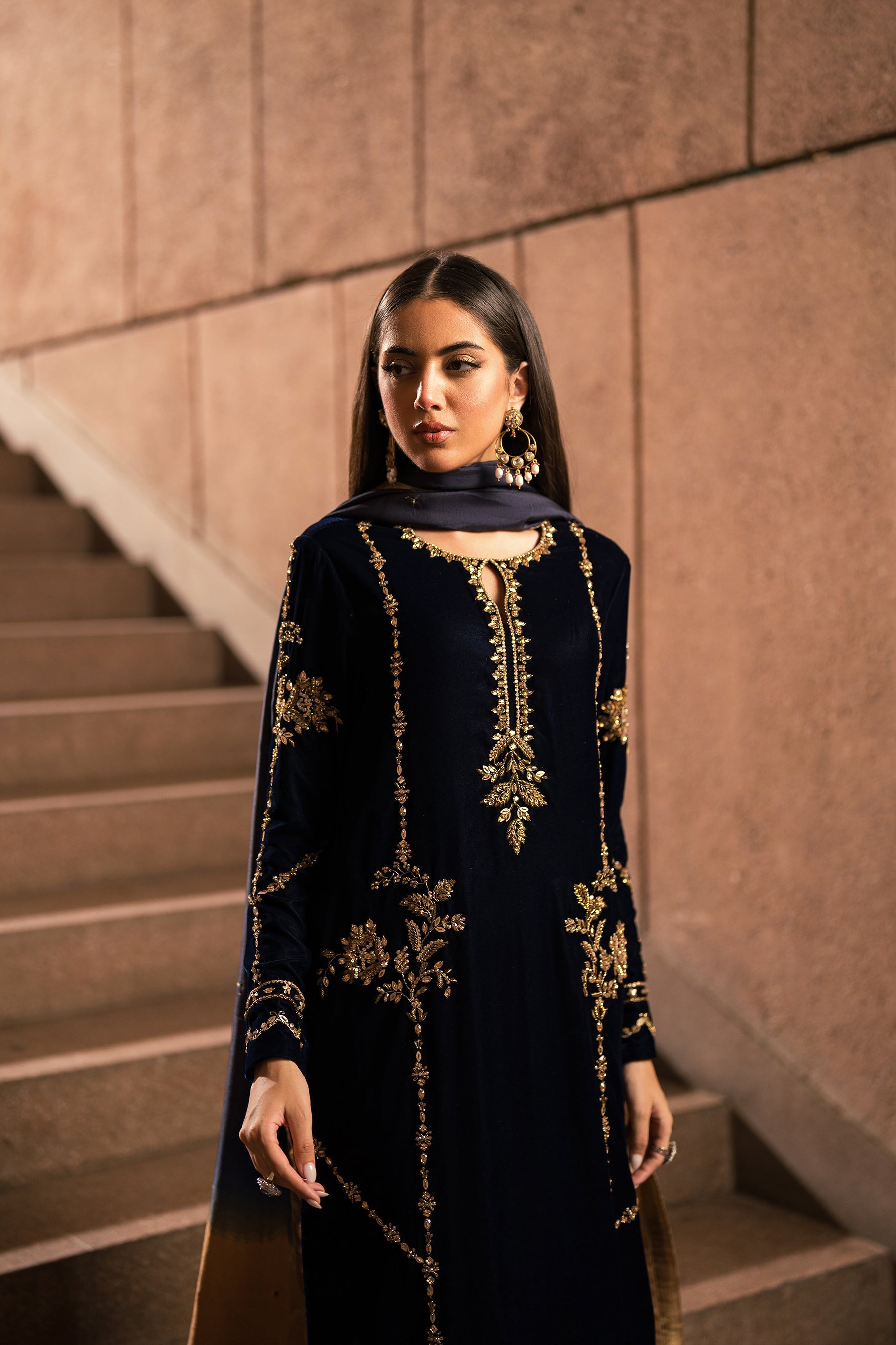 Ammara Khan | Rendezvous Velvet | Blue and Bronze Gold Velvet Set (D-12)