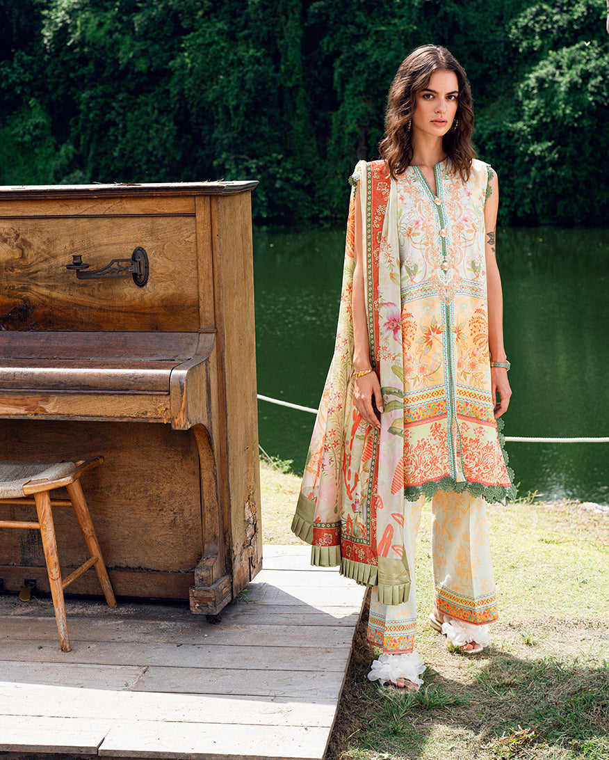 Roheenaz | Garden Veal Printed Lawn 25 | Gold Riddle