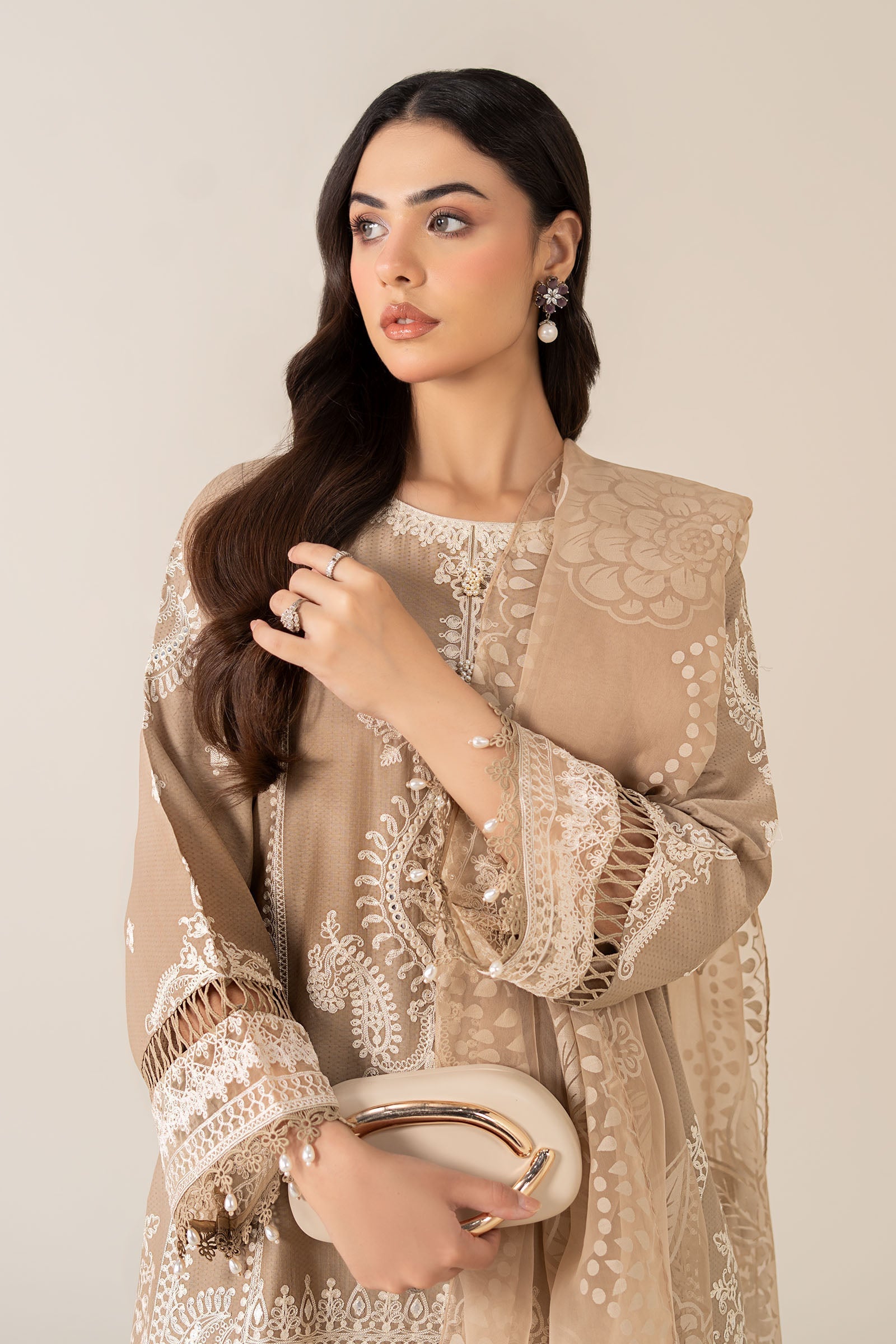 Maria B | Pre Fall Dresses | 3 Piece Embroidered Suit Coffee - Official Maria B - Agha Fabrics UK