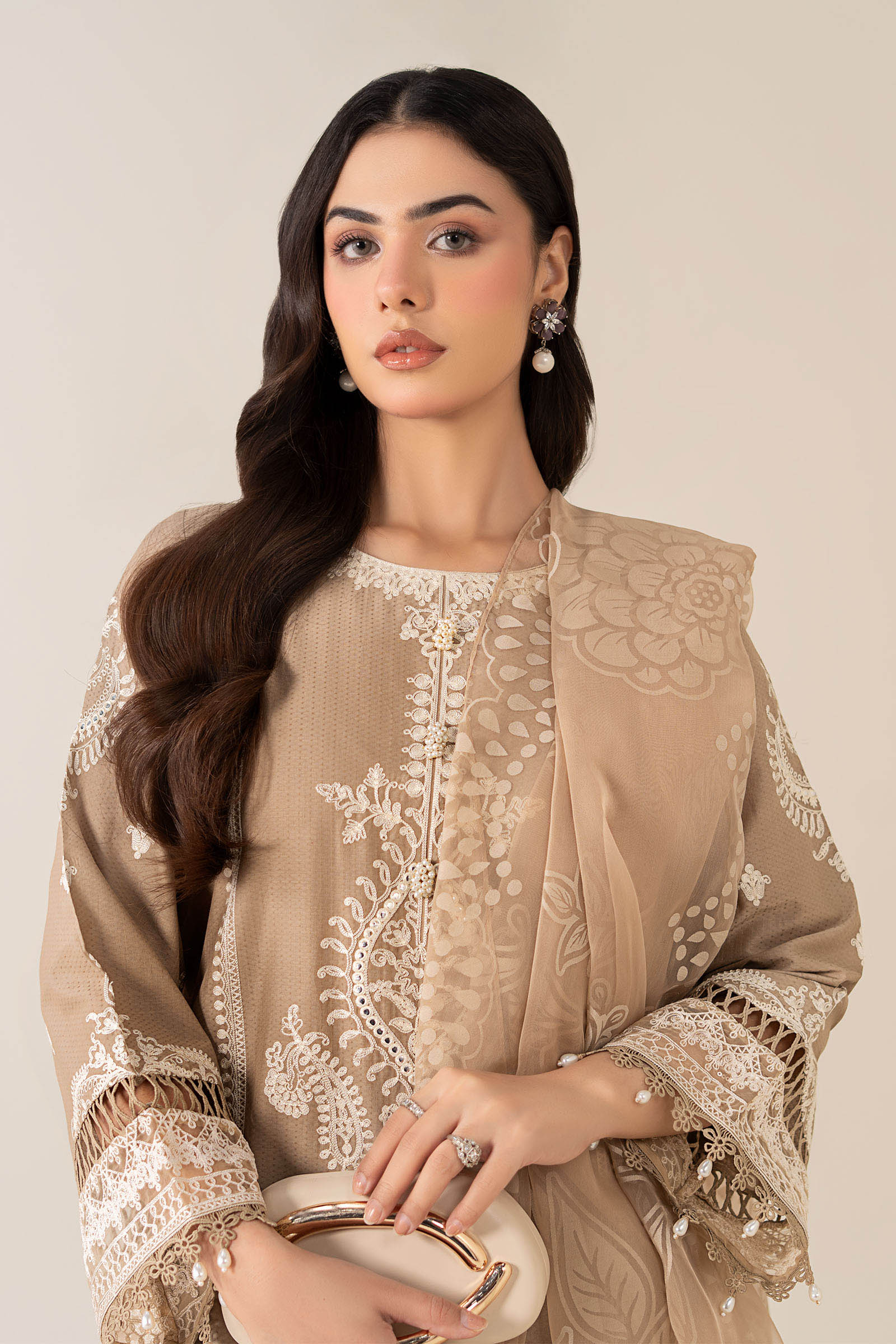 Maria B | Pre Fall Dresses | 3 Piece Embroidered Suit Coffee - Official Maria B - Agha Fabrics UK