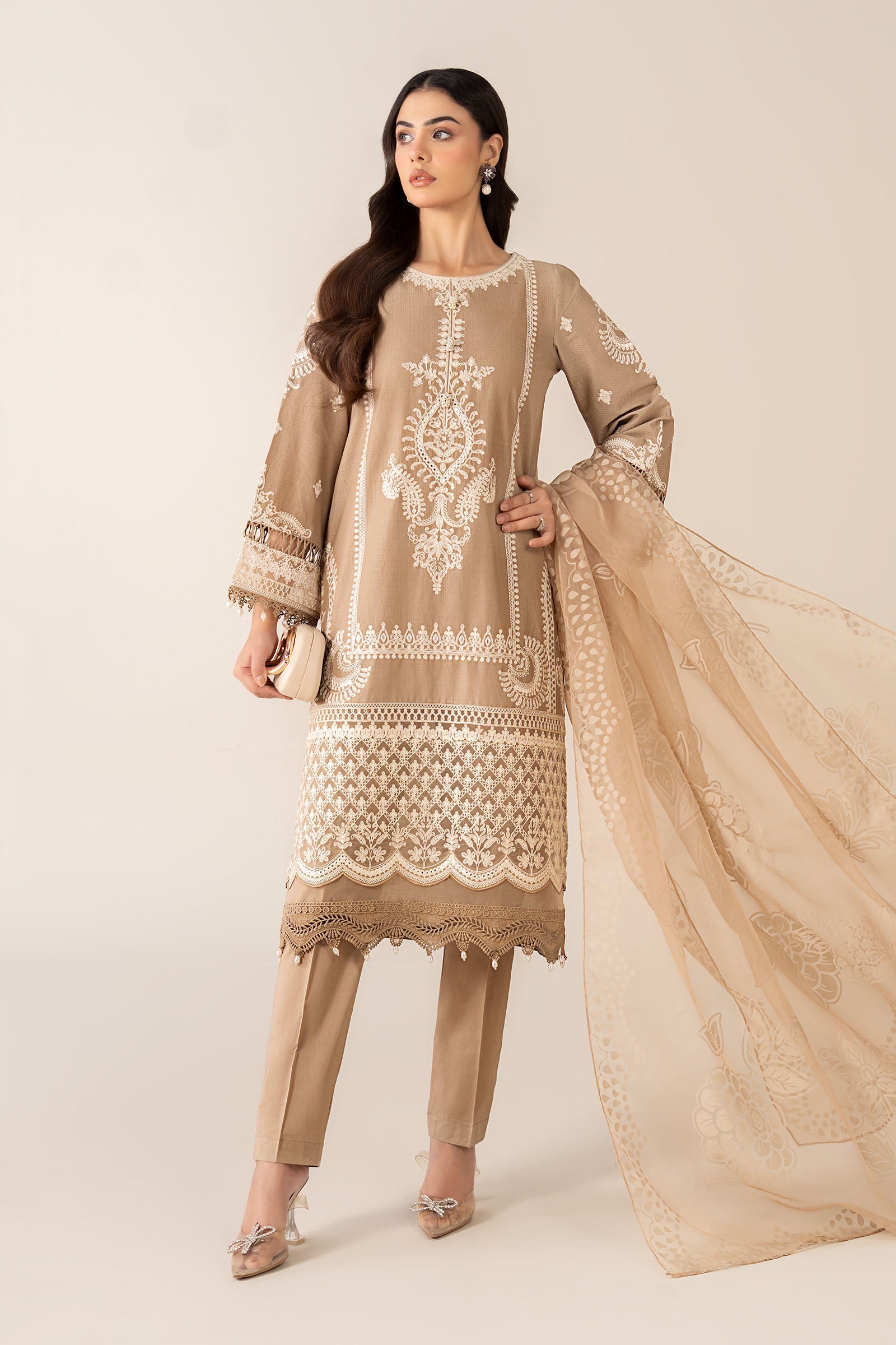 Maria B | Pre Fall Dresses | 3 Piece Embroidered Suit Coffee - Official Maria B - Agha Fabrics UK