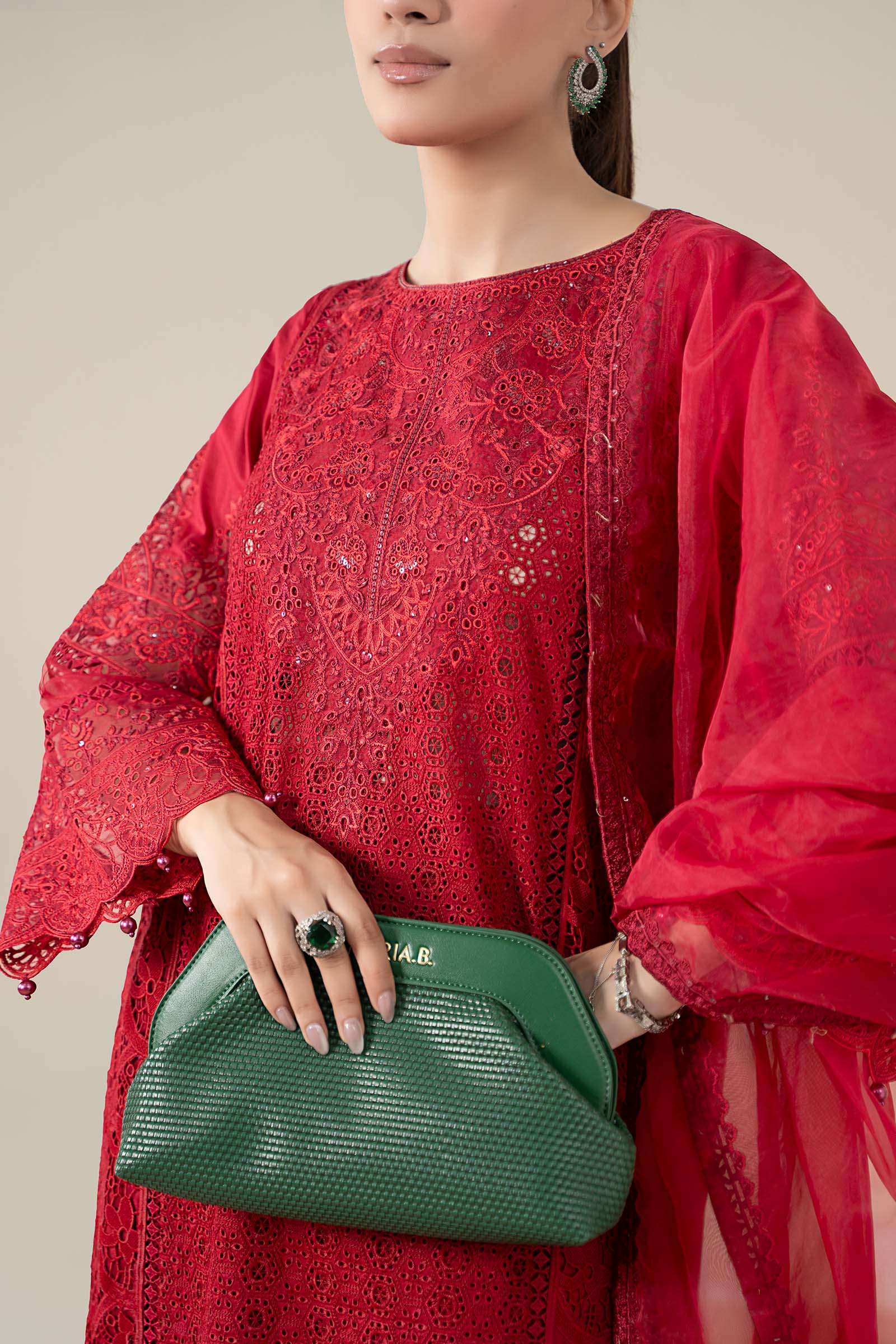 Maria B | Pre Fall Dresses | 3 Piece Embroidered Lawn Suit Red - Official Maria B - Agha Fabrics UK