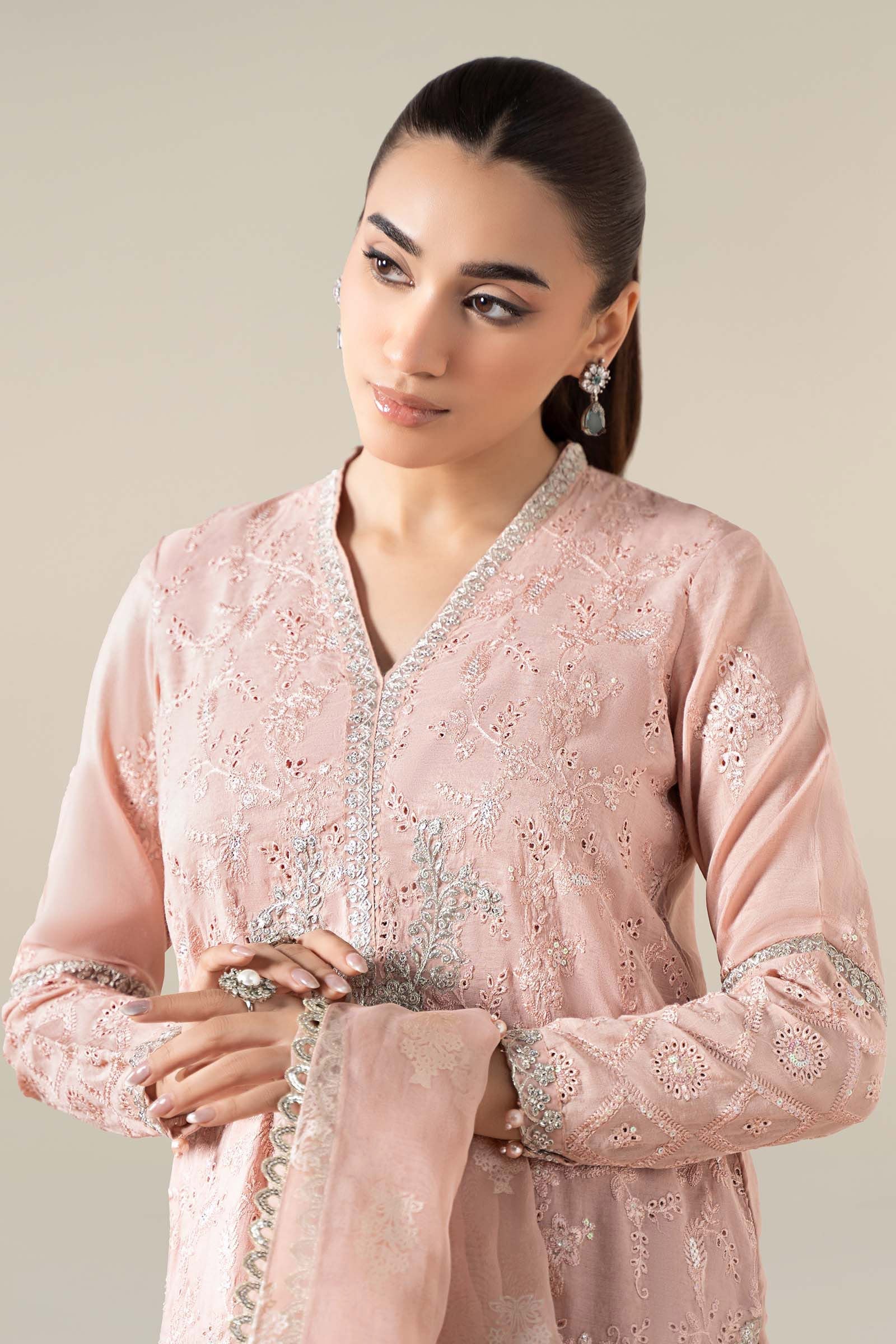 Maria B | Pre Fall Dresses | 3 Piece Embroidered Paper Cotton Suit Pink - Official Maria B - Agha Fabrics UK