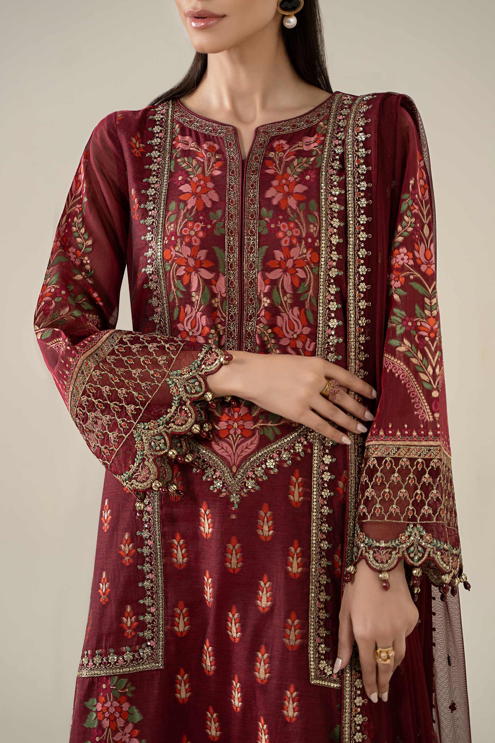 Maria B | Pre Fall Dresses | 3 Piece Embroidered Jacquard Suit Red - Official Maria B - Agha Fabrics UK