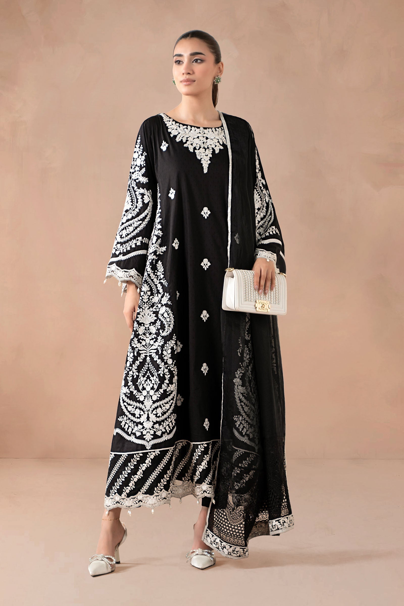 Maria B | Pre Fall Dresses | 3 Piece Embroidered Self Jacquard Suit Black - Official Maria B - Agha Fabrics UK