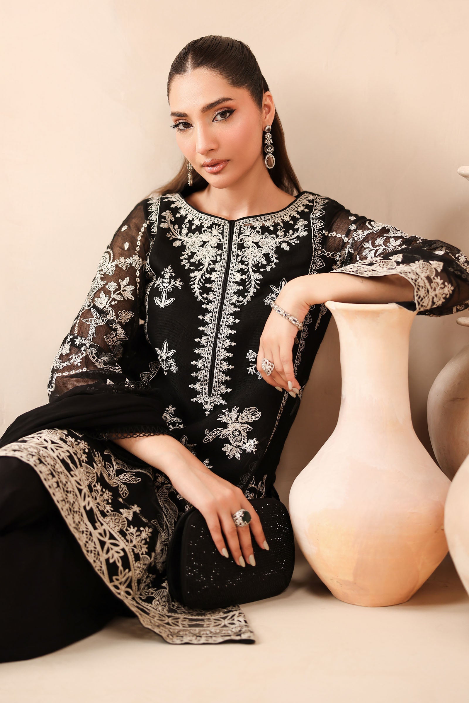 Maria B | Pre Fall Dresses | 3 Piece Embroidered Cotton Net Suit Black - Official Maria B - Agha Fabrics UK