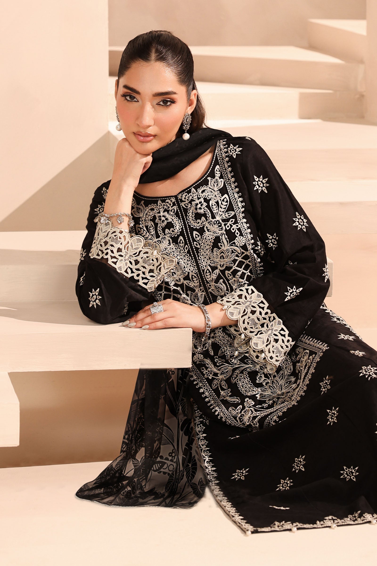 Maria B | Pre Fall Dresses | 3 Piece Embroidered Dobby Suit Black - Official Maria B - Agha Fabrics UK