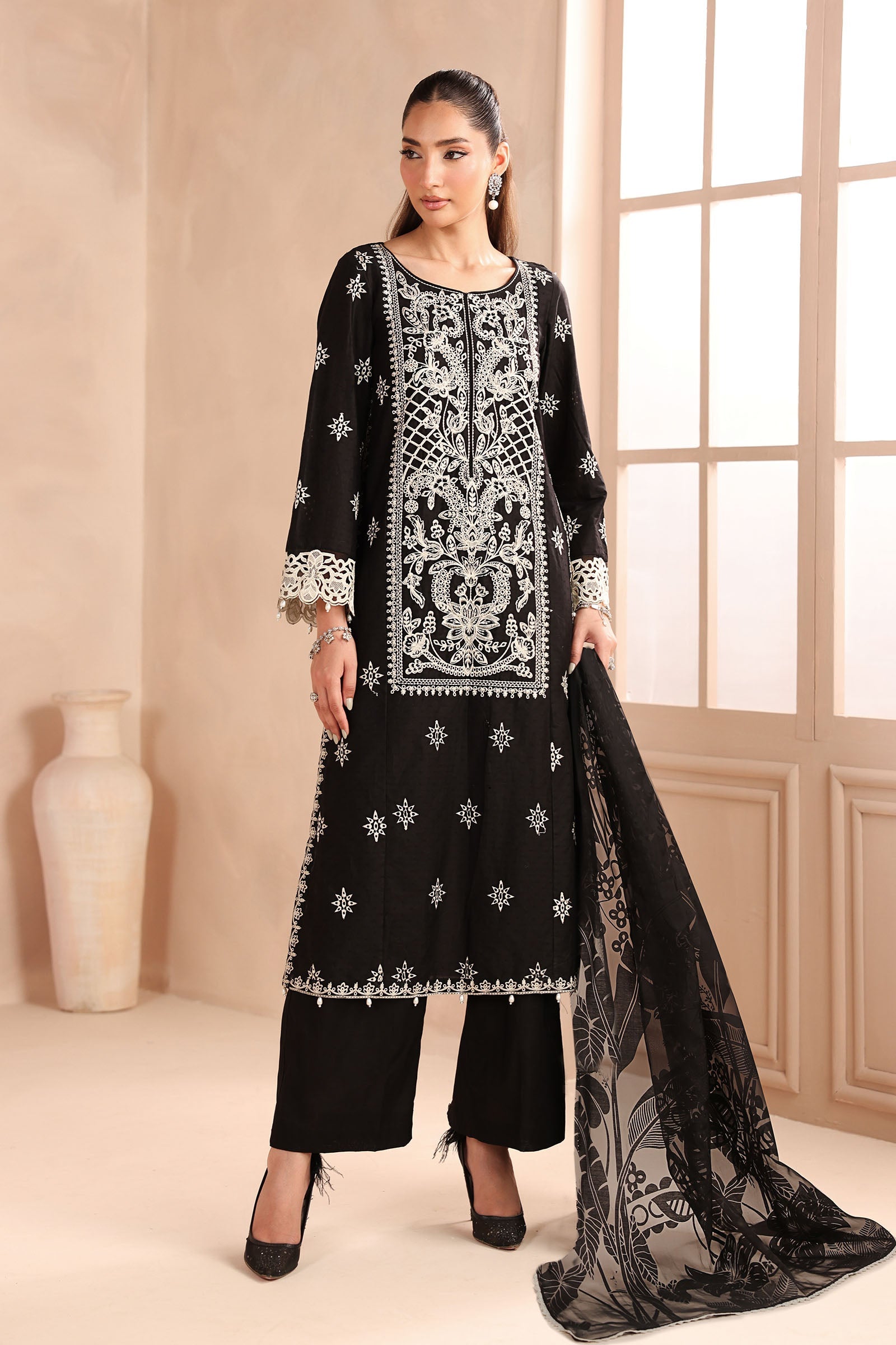 Maria B | Pre Fall Dresses | 3 Piece Embroidered Dobby Suit Black - Official Maria B - Agha Fabrics UK