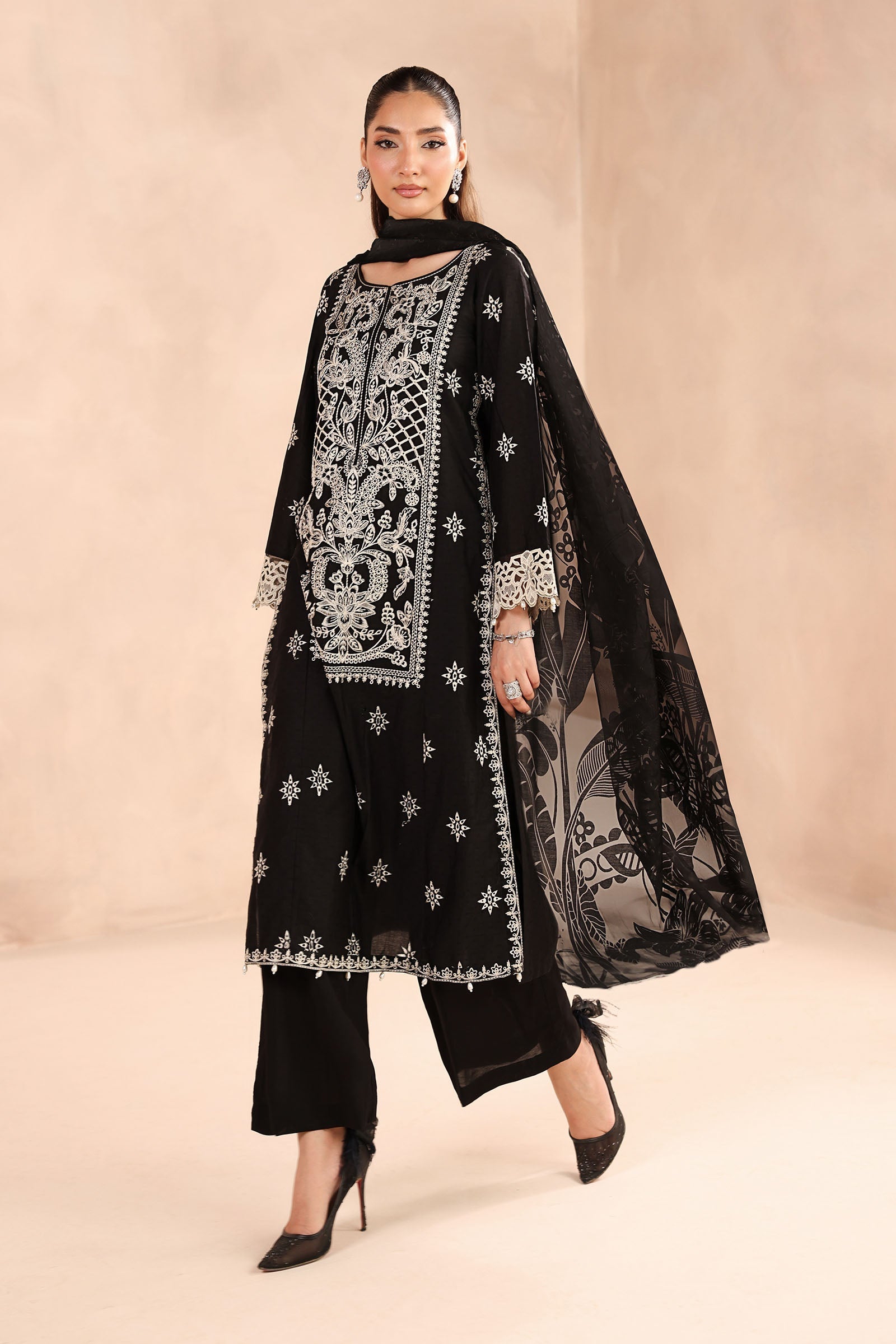 Maria B | Pre Fall Dresses | 3 Piece Embroidered Dobby Suit Black - Official Maria B - Agha Fabrics UK