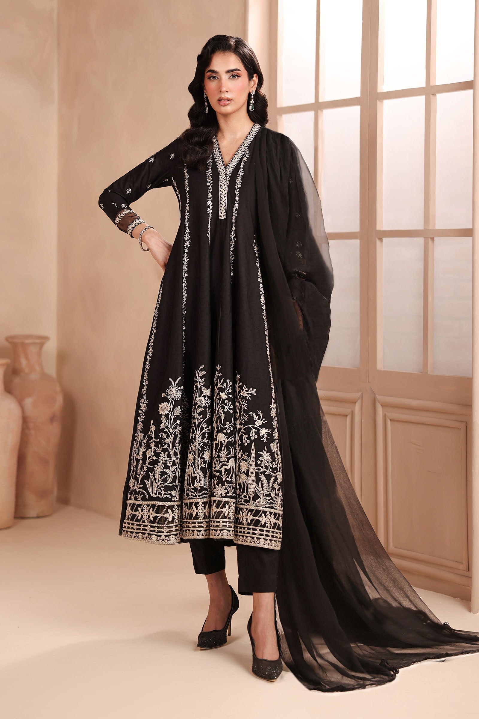 Maria B | Pre Fall Dresses | 3 Piece Embroidered Dobby Suit Black1 - Official Maria B - Agha Fabrics UK