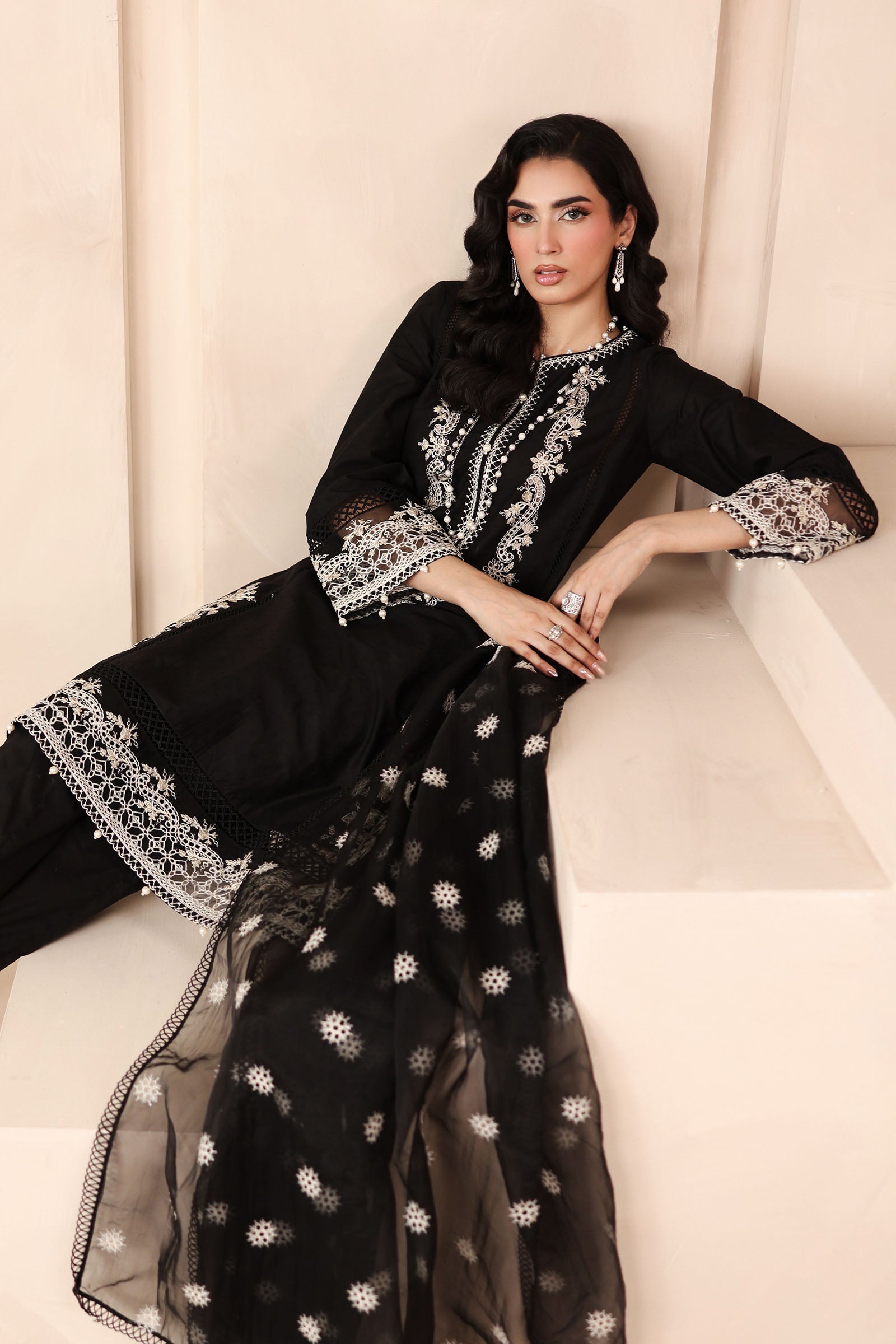 Maria B | Pre Fall Dresses | 3 Piece Embroidered Dobby Suit Black3 - Official Maria B - Agha Fabrics UK