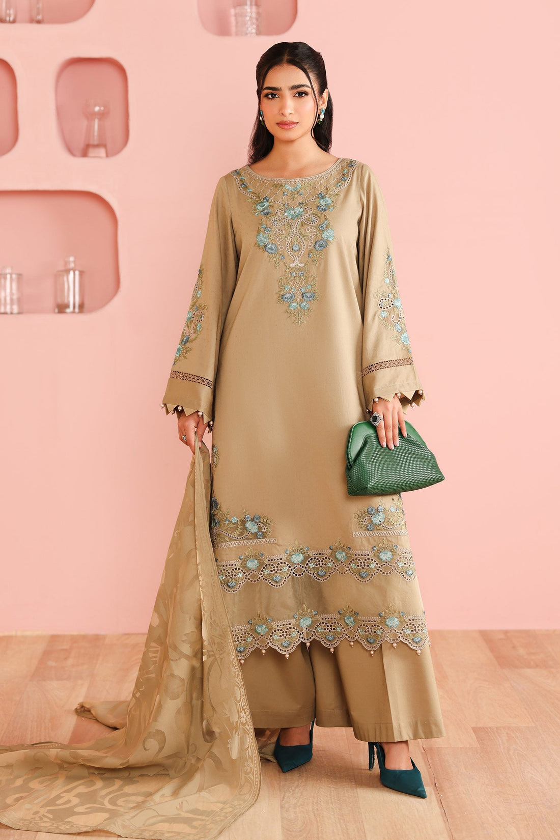 Maria B | Pre Fall Dresses | 3 Piece Embroidered Dobby Suit Coffee - Official Maria B - Agha Fabrics UK
