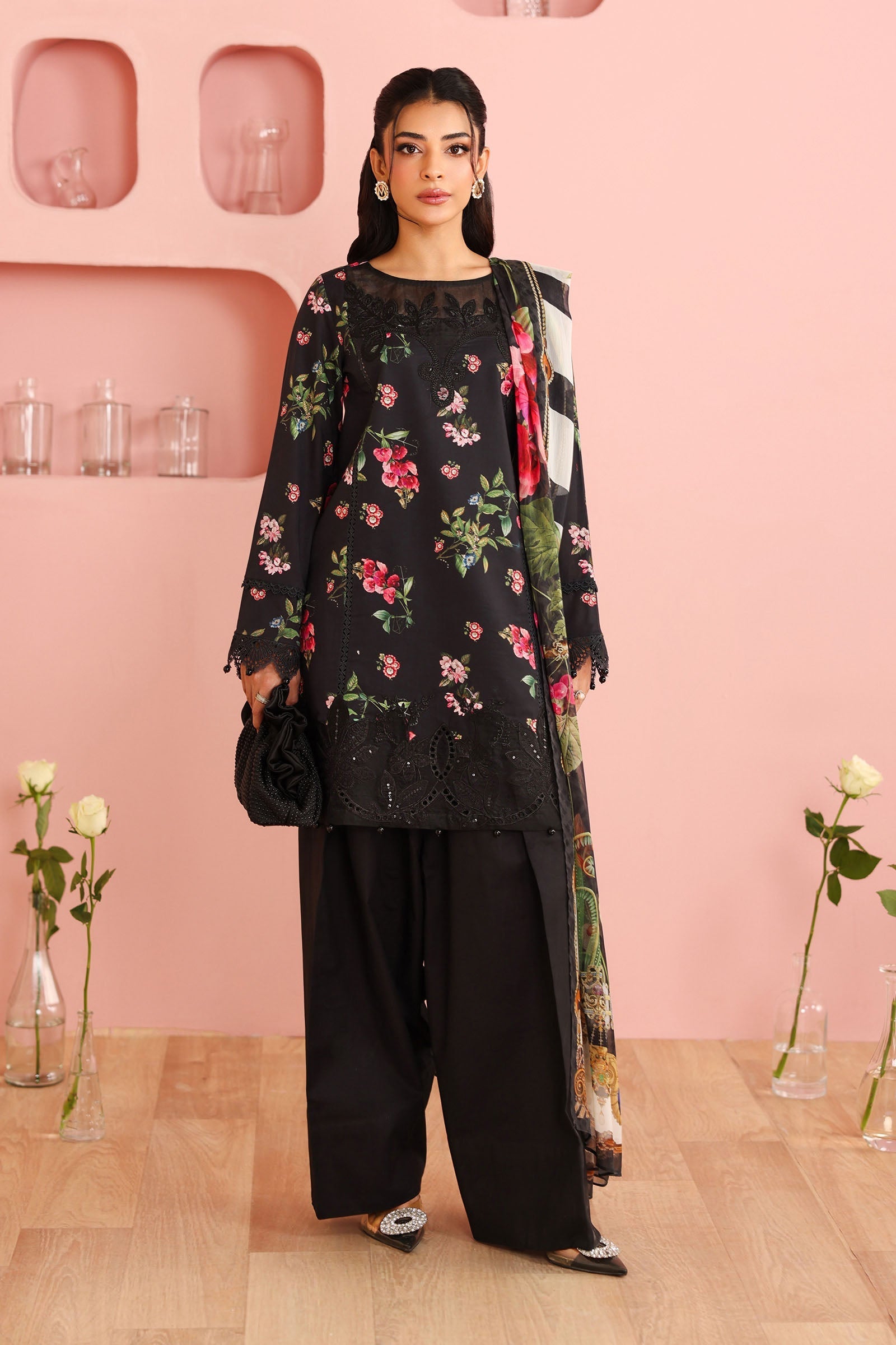 Maria B | Pre Fall Dresses | 3 Piece Embroidered Cotton Suit Black - Official Maria B - Agha Fabrics UK