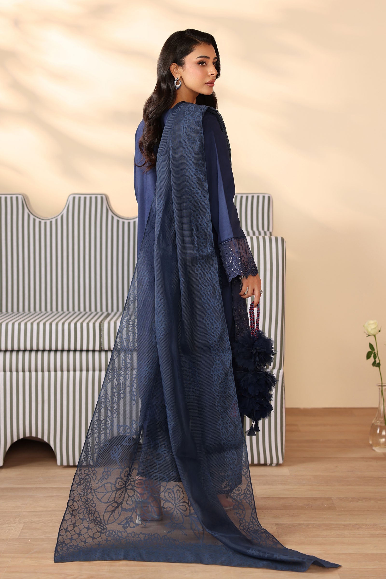 Maria B | Pre Fall Dresses | 3 Piece Embroidered Dobby Suit Navy Blue - Official Maria B - Agha Fabrics UK