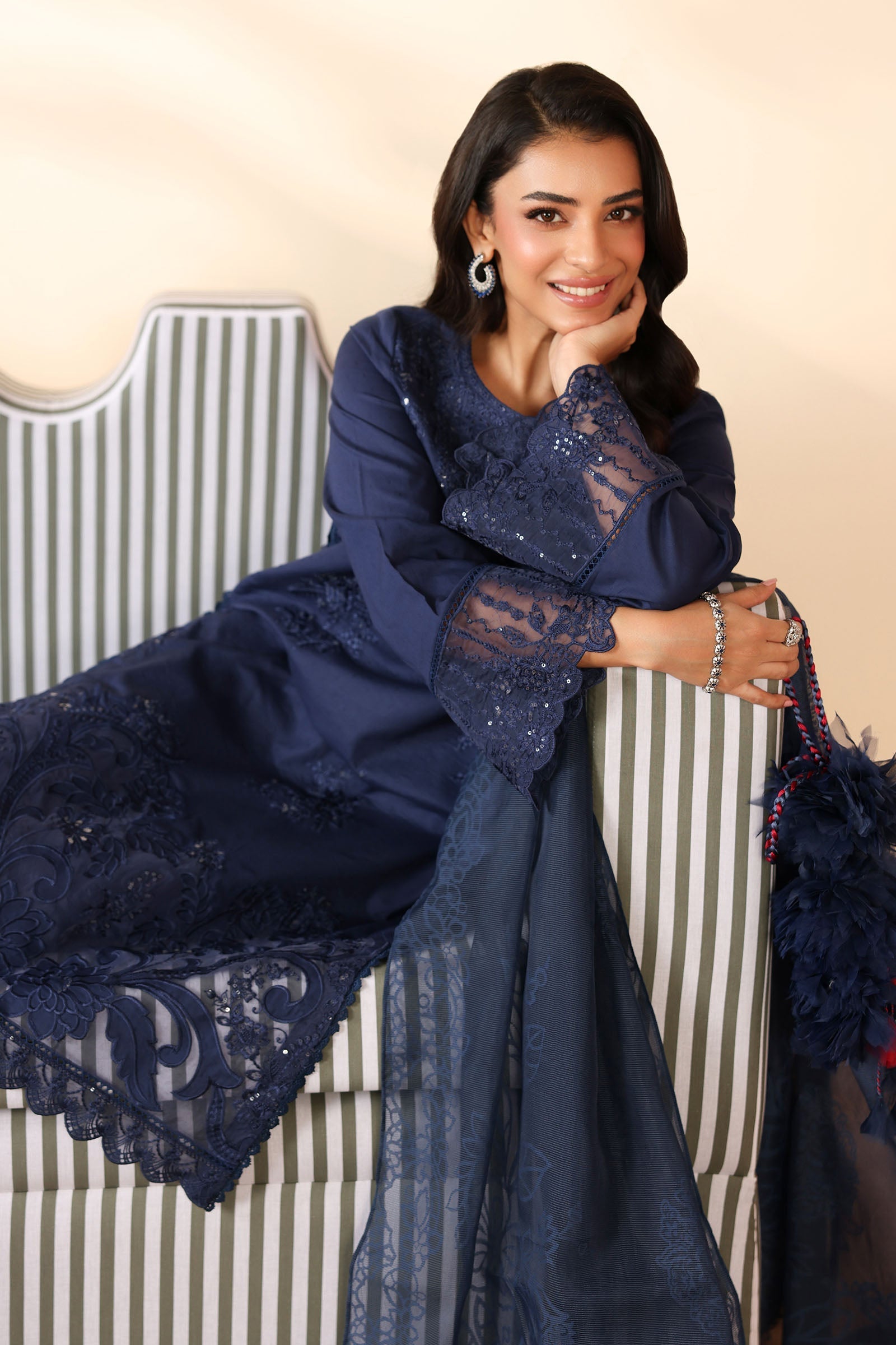 Maria B | Pre Fall Dresses | 3 Piece Embroidered Dobby Suit Navy Blue - Official Maria B - Agha Fabrics UK