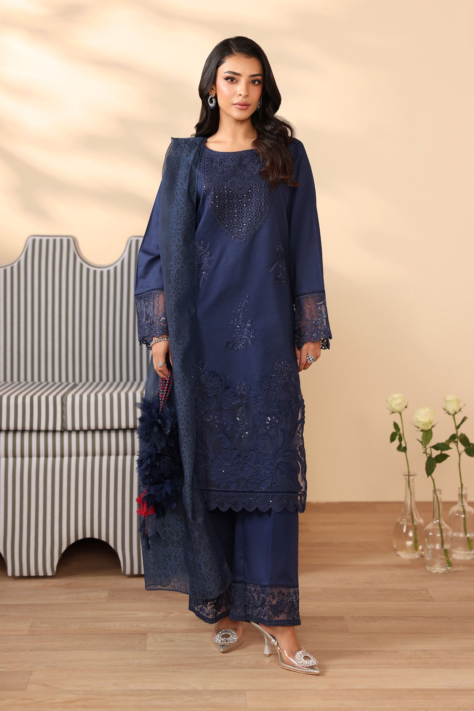 Maria B | Pre Fall Dresses | 3 Piece Embroidered Dobby Suit Navy Blue - Official Maria B - Agha Fabrics UK