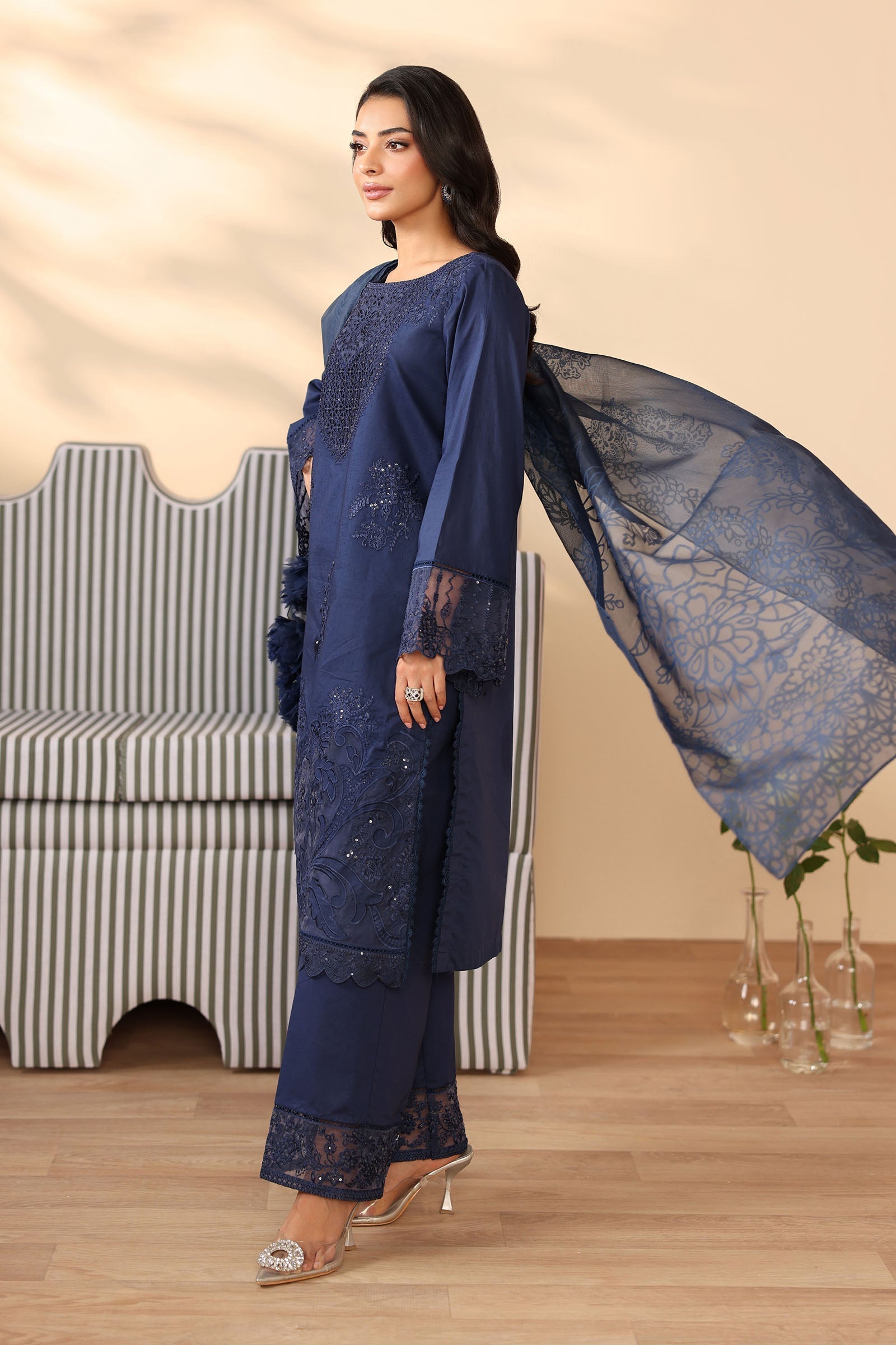 Maria B | Pre Fall Dresses | 3 Piece Embroidered Dobby Suit Navy Blue - Official Maria B - Agha Fabrics UK