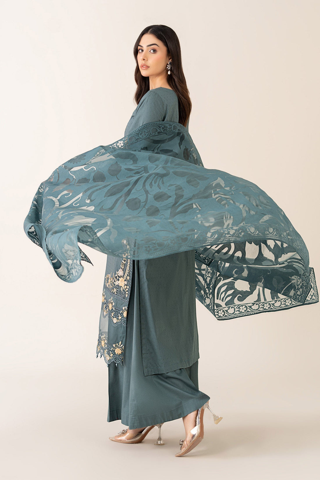 Maria B | Pre Fall Dresses | 3 Piece Embroidered Dobby Suit Teal - Official Maria B - Agha Fabrics UK