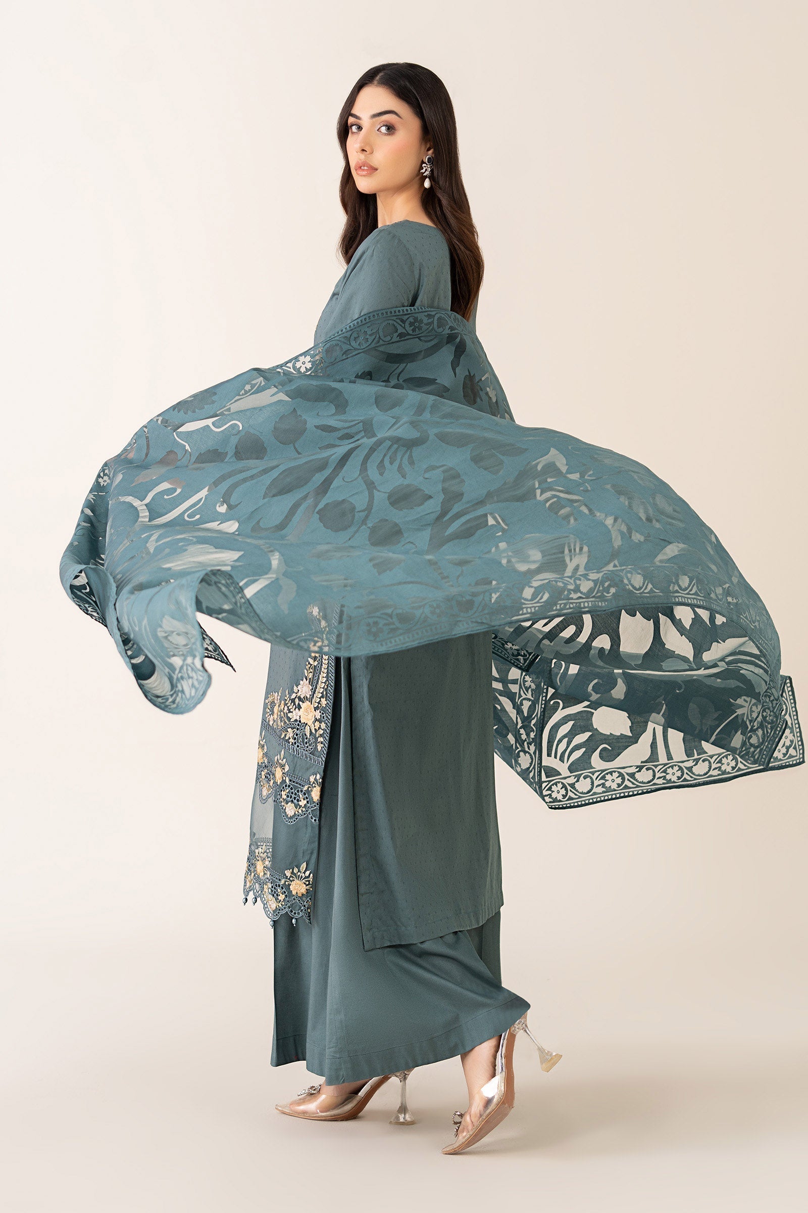 Maria B | Pre Fall Dresses | 3 Piece Embroidered Dobby Suit Teal - Official Maria B - Agha Fabrics UK