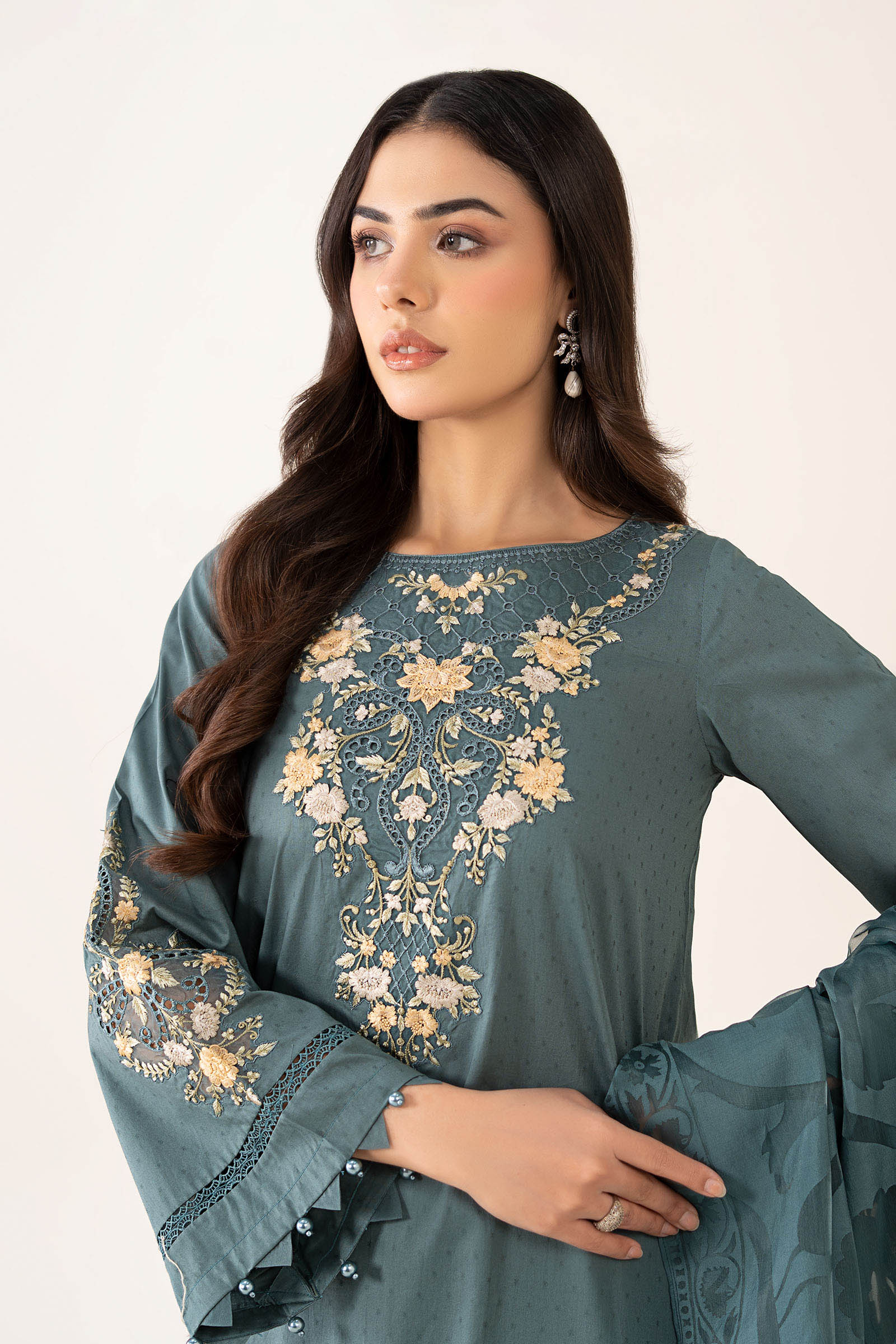 Maria B | Pre Fall Dresses | 3 Piece Embroidered Dobby Suit Teal - Official Maria B - Agha Fabrics UK