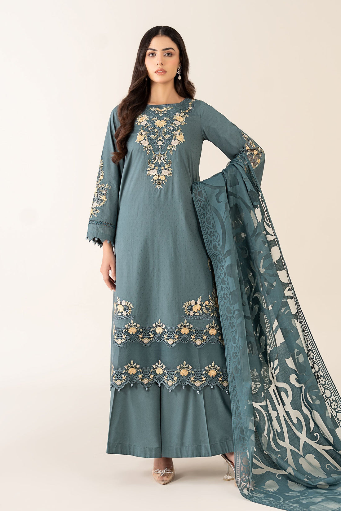 Maria B | Pre Fall Dresses | 3 Piece Embroidered Dobby Suit Teal - Official Maria B - Agha Fabrics UK