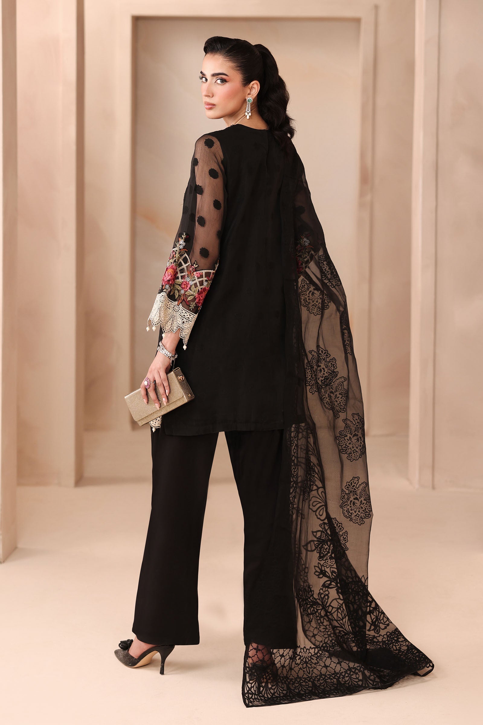 Maria B | Pre Fall Dresses | 3 Piece Embroidered Organza Jacquard Suit Black - Official Maria B - Agha Fabrics UK
