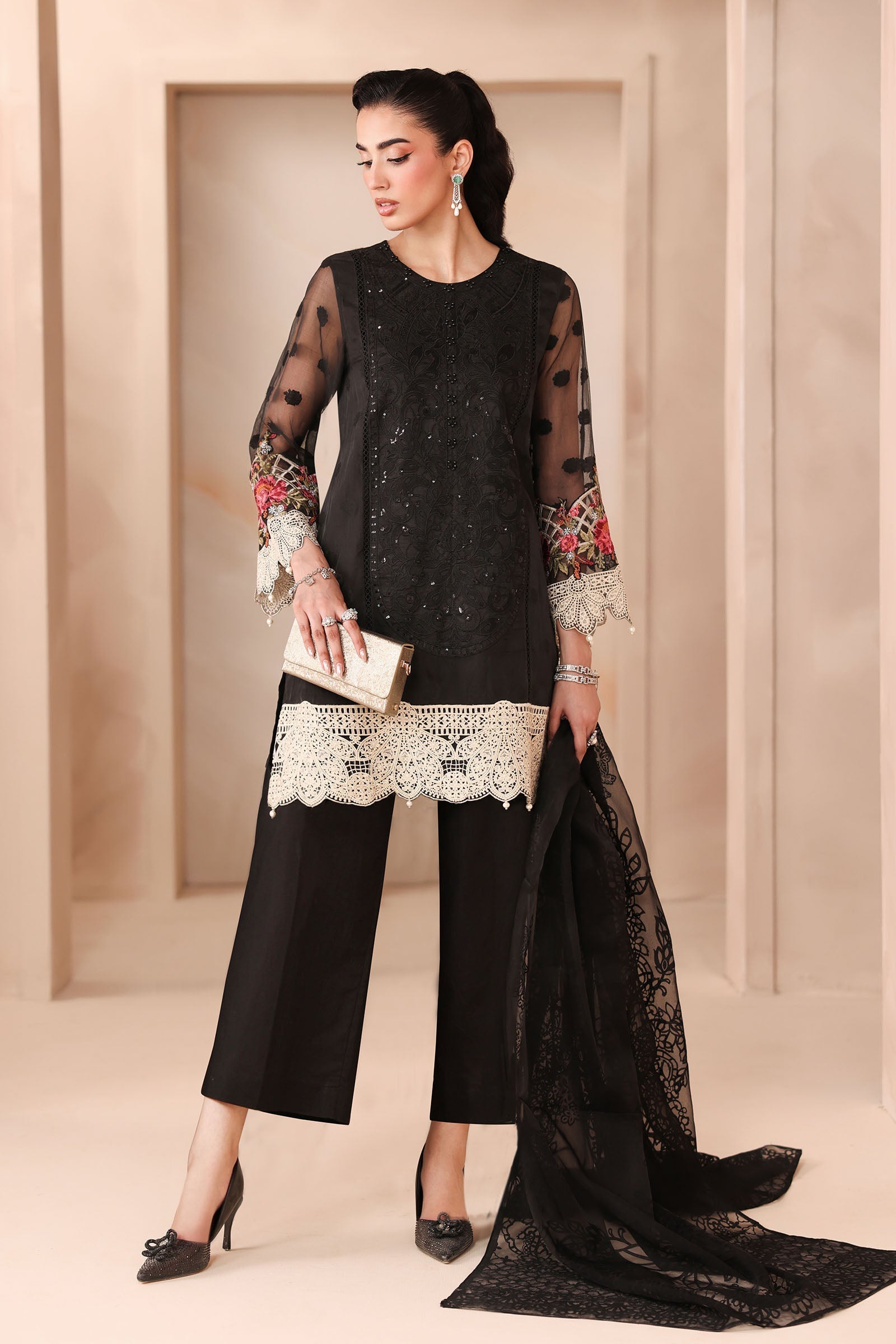Maria B | Pre Fall Dresses | 3 Piece Embroidered Organza Jacquard Suit Black - Official Maria B - Agha Fabrics UK