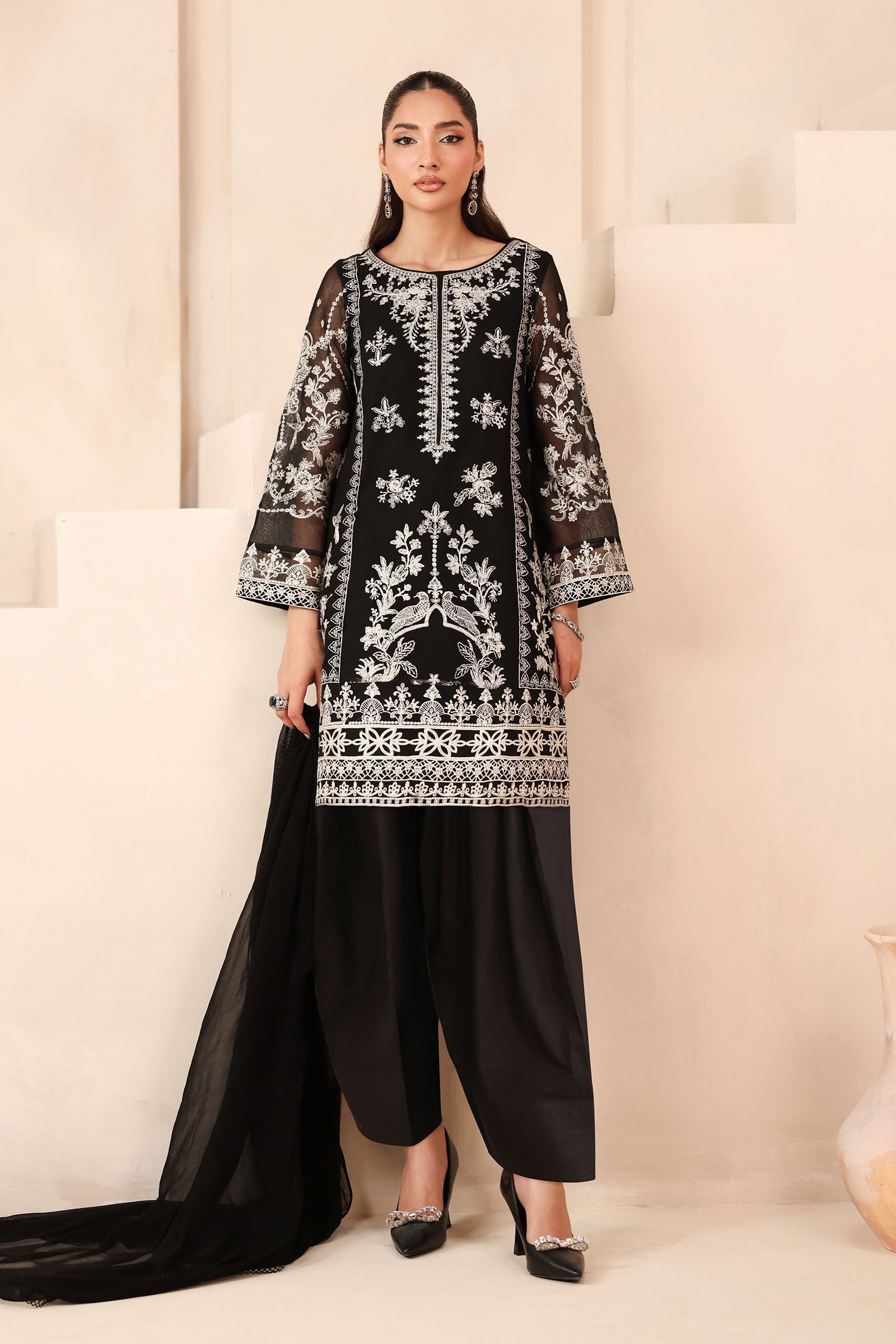 Maria B | Pre Fall Dresses | 3 Piece Embroidered Cotton Net Suit Black - Official Maria B - Agha Fabrics UK