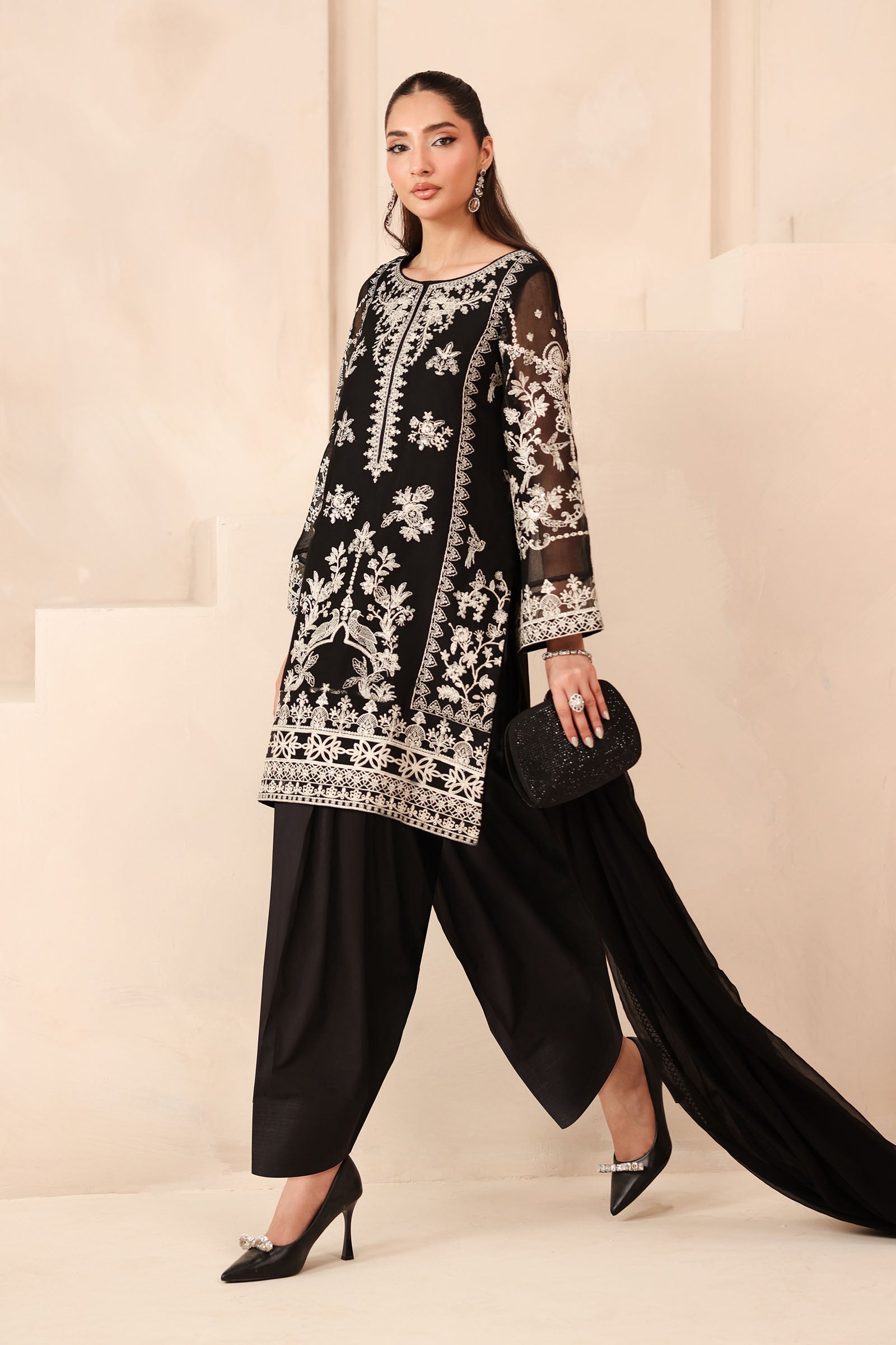 Maria B | Pre Fall Dresses | 3 Piece Embroidered Cotton Net Suit Black - Official Maria B - Agha Fabrics UK